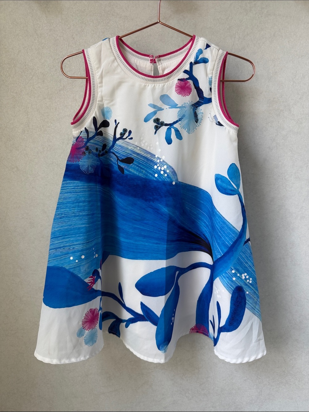 Catimini girls Dress twirly Blue Floral Print and Pink Trim Sz 4